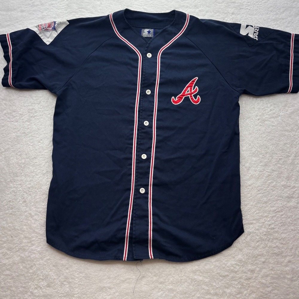 Vintage Starter Atlanta Braves MLB Baseball Jersey Navy Blue Button Up 90s